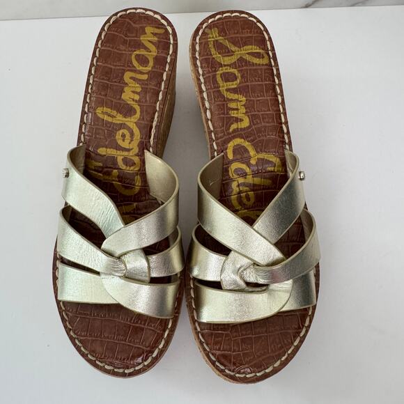 Sam Edelman Womens Raynere Slide Platform Sandals Size 8 Leather Cork Gold - Picture 7 of 10